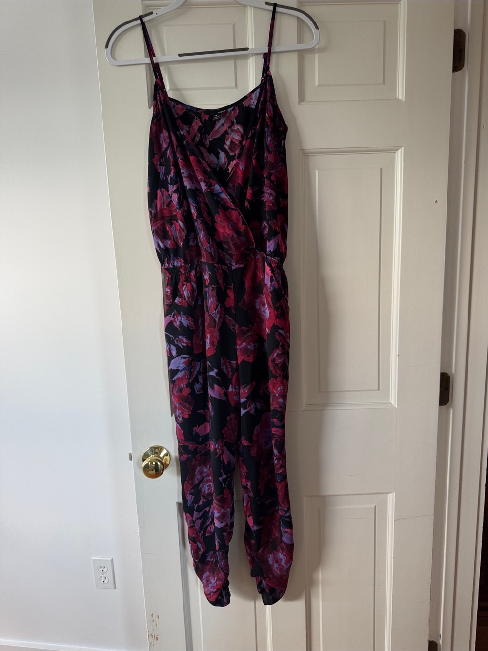 Aqua Black Spaghetti-Strap Floral Jumpsuit with Magenta and Purple Print